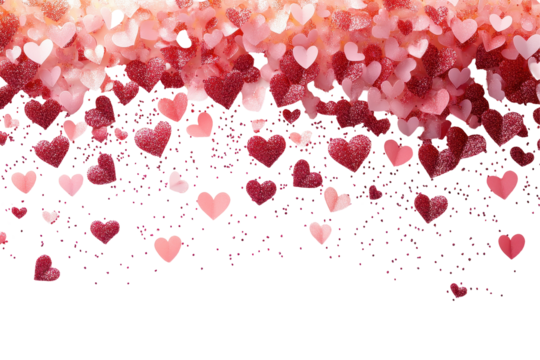 Red hearts scattered across a transparent background for romantic or celebratory occasions in various sizes