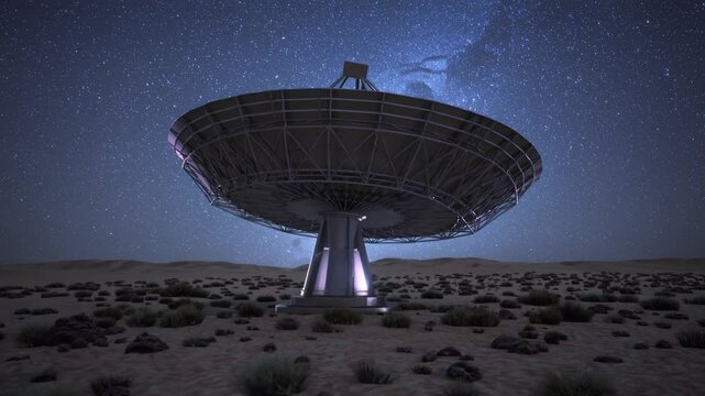 Large radio telescope searching for extraterrestrial life in desert landscape under the Milky Way