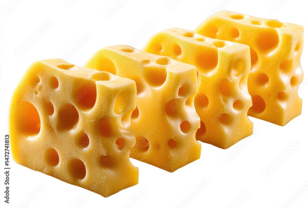 Aufkleber freshly made cheese blocks with holes displayed in a row on a white background perfect for culinary 