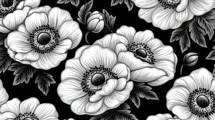 Elegant Seamless Pattern with White Anemone Flowers Dark Background, for Textile, Fabric, and Wallpaper Designs, Vector Illustration