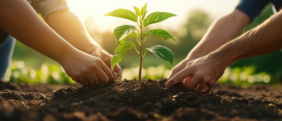 Long shot of multiple hands planting a young green plant in fertile soil outdoors du daytime for environmental conservation and sustainable growth concept