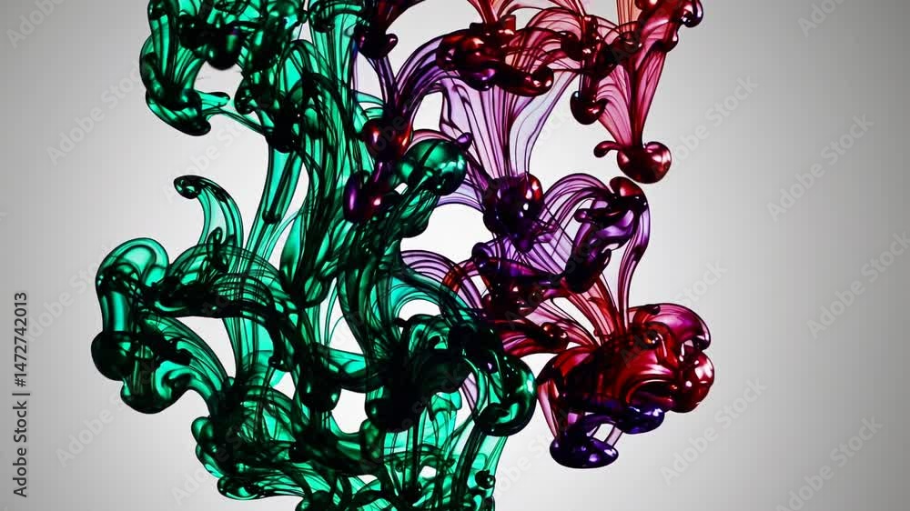 Poster colorful ink clouds are slowly swirling, mixing and creating beautiful abstract patterns against a c
