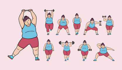 Illustration of Obese Woman Exercising Hand Drawn Style.