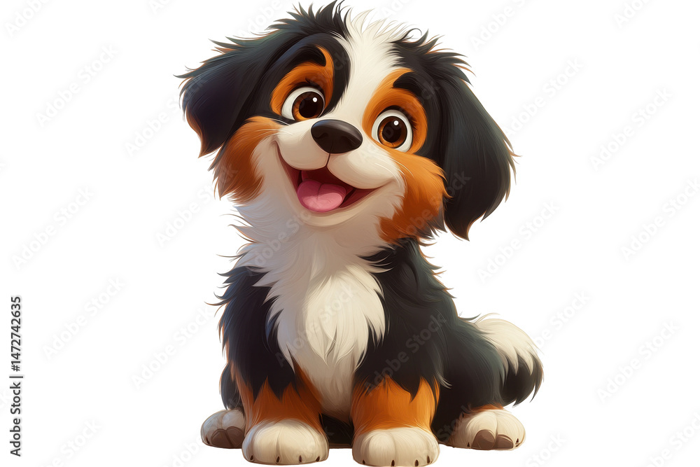 Poster happy cartoon puppy with fluffy fur sitting and smiling in a playful pose against a transparent back