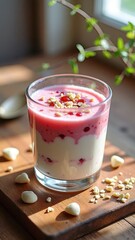 Creamy yogurt parfait with fresh berries and nut toppings on wooden board