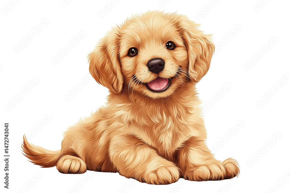 Poster happy cartoon puppy with fluffy fur sitting and smiling in a playful pose against a transparent back