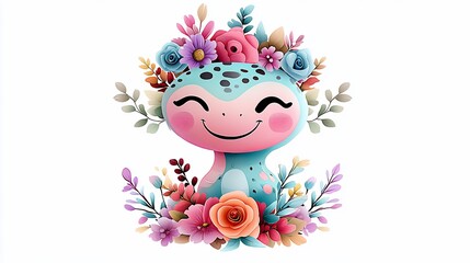 Adorable cartoon critter with floral crown & bouquet, smiling, on white
