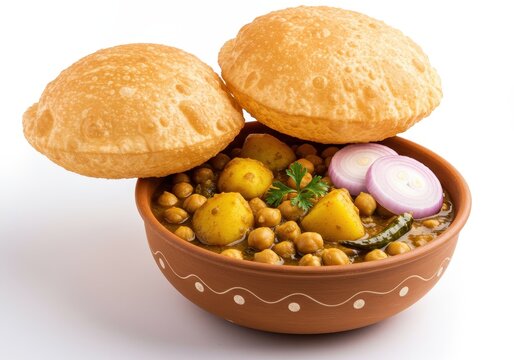 Indian chole with puri served in an earthenware bowl garnished with onion