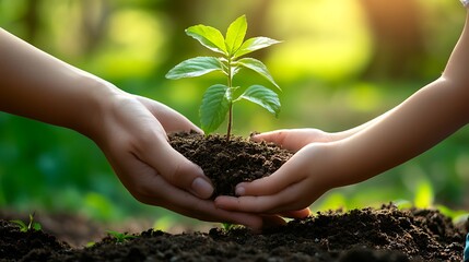 Hands gently holding a small plant with soil, symbolizing growth and care