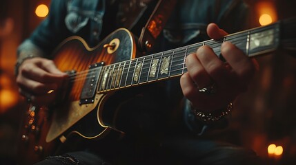 Obraz premium Musician plays guitar, fingers strum strings, in dark setting with blurry lights in background