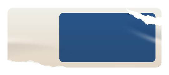 Vintage rectangle blue and white sticker with a ripped paper edge. Retro promotional blank element with aged, worn look grunge. Wrinkled old shape for scrapbook designs, print, poster.	