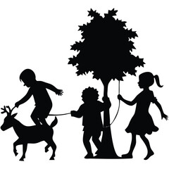 Obraz premium Black silhouette illustration of a girl with a dog walking, a fashionable outline of a person