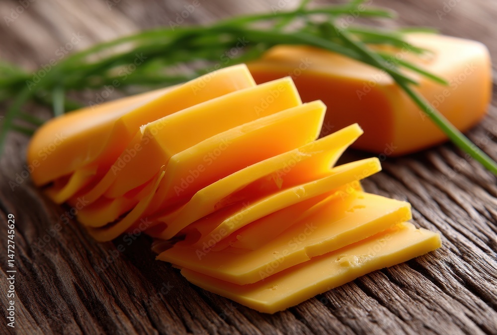 Poster freshly sliced yellow cheese on rustic wooden table with chopped green chives in background creating