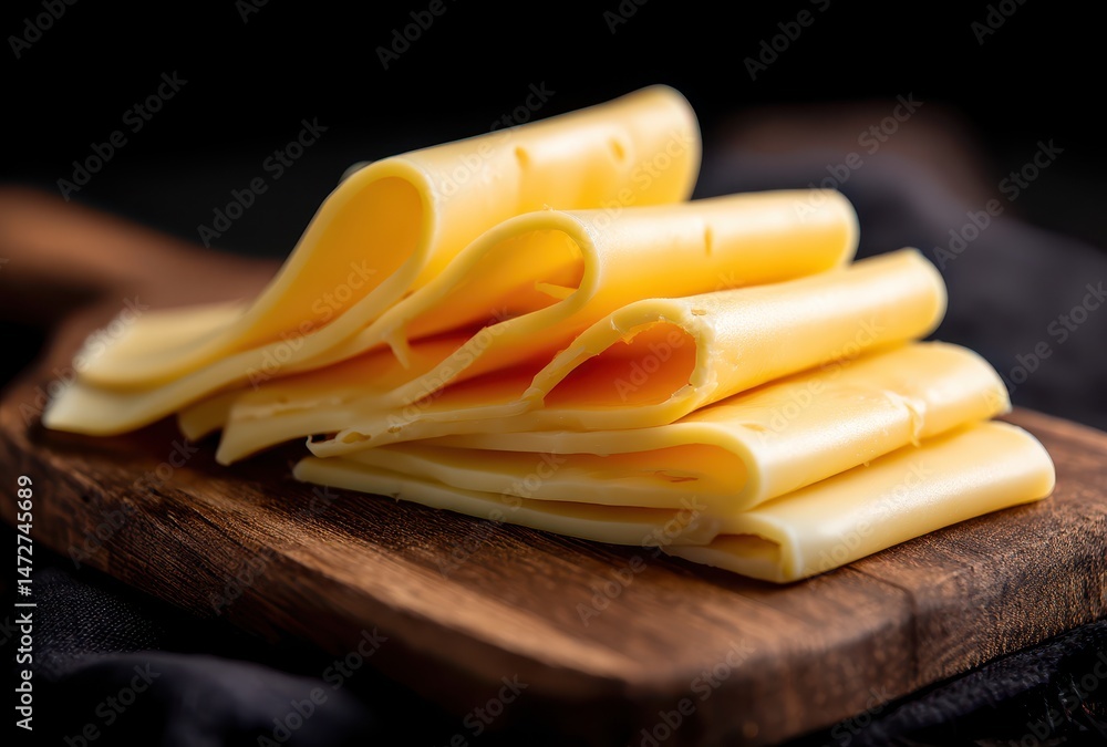 Poster freshly sliced yellow cheese on wooden board in dark setting with soft focus background highlighting