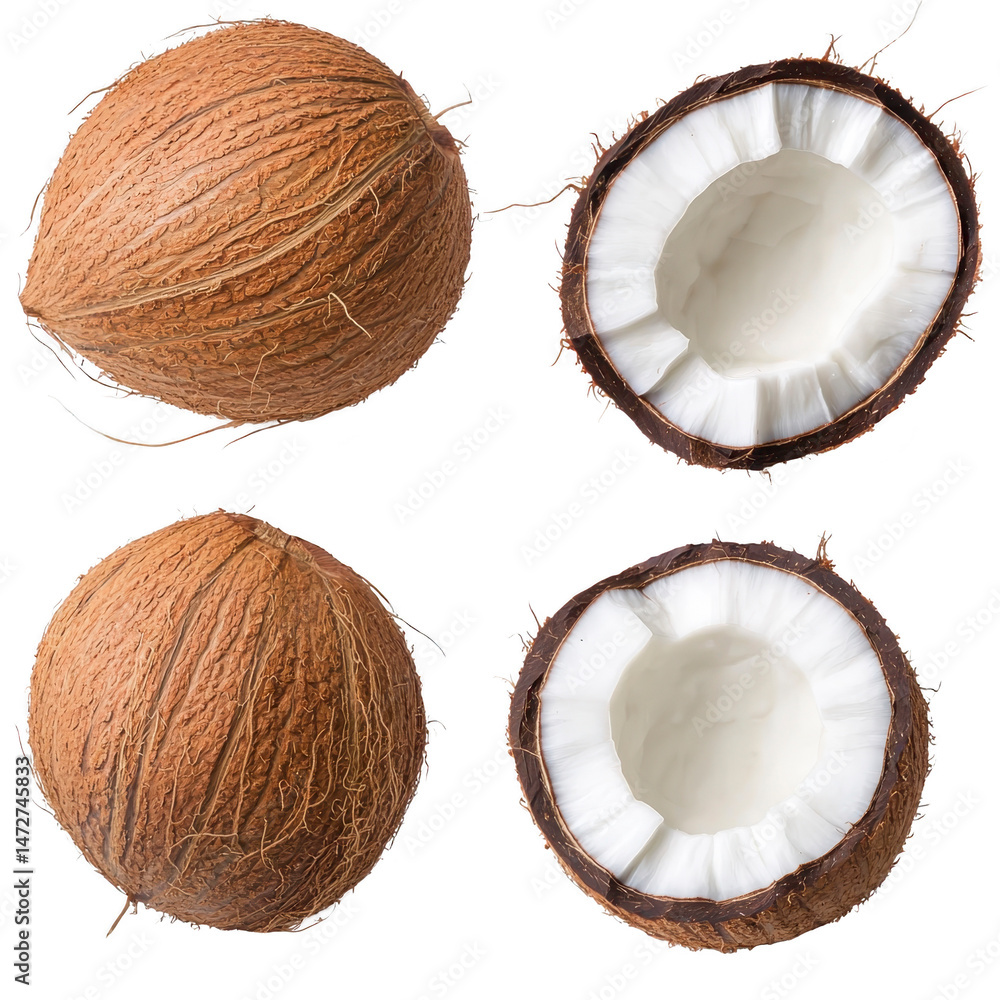 Poster whole and halved coconuts on transparency background, showcasing rough brown shell and white flesh i