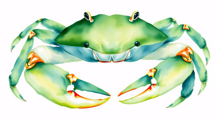 A vibrant watercolor painting of a green and blue crab with detailed texture.
