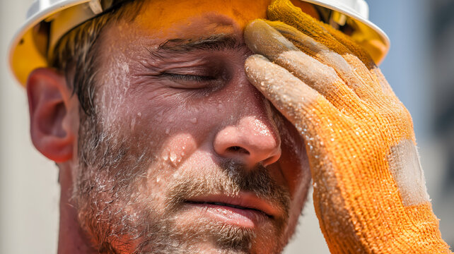 Construction worker wipes sweat from brow. Heat exhaustion, labor safety, and occupational health concerns. Hard work in warm climate.