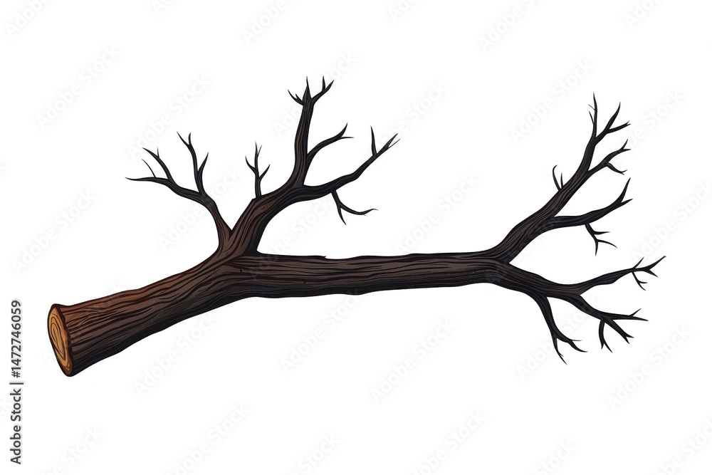 Poster detailed illustration of fallen tree branch with multiple twigs and textured bark surface, set again