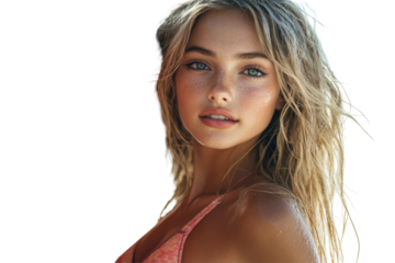 Young woman with wavy hair in a bikini stands confidently next to a bright orange surfboard at the beach during sunny weather, ready for a day of surfing and fun in the waves