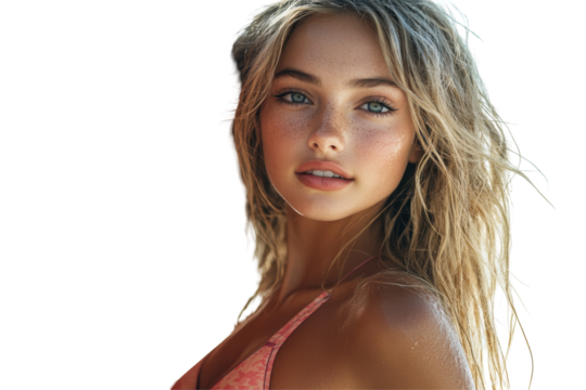 Young woman with wavy hair in a bikini stands confidently next to a bright orange surfboard at the beach during sunny weather, ready for a day of surfing and fun in the waves - Powered by Adobe