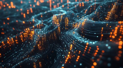 Fototapeta premium Colorful 3D abstract digital landscape with glowing lights and swirling lines in vibrant blue and orange hues image