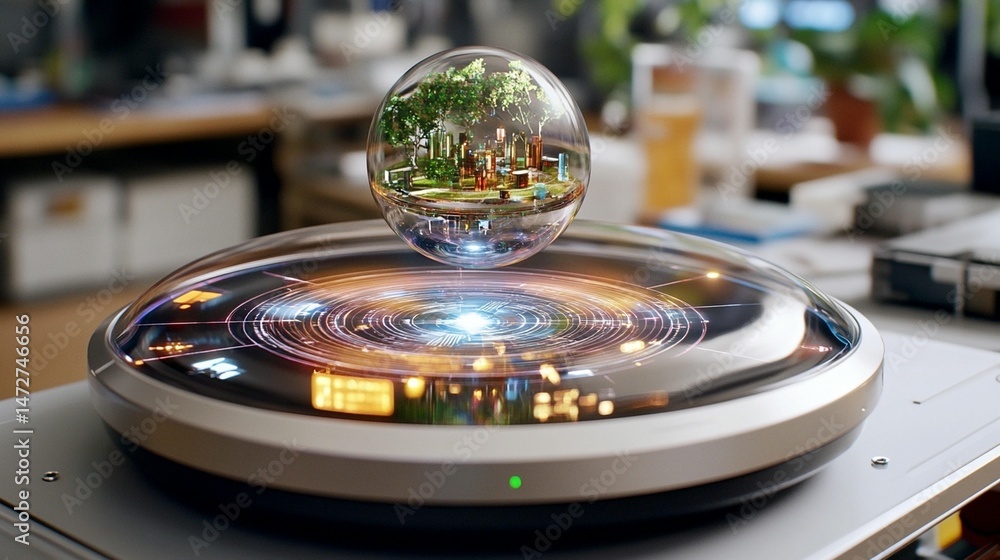 Poster floating sphere displaying miniature cityscape, hovering over a futuristic tech base