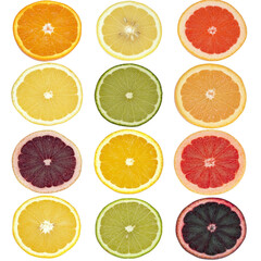 Obraz premium Vibrant assortment of citrus fruit slices, including orange, lemon, lime, and grapefruit, arranged in grid pattern. colorful display highlights variety and freshness of fruits