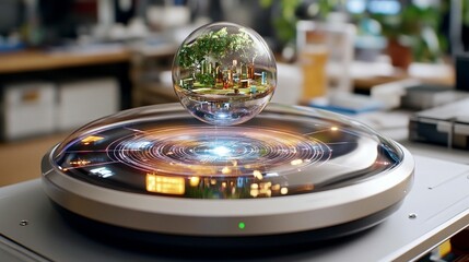 Floating sphere displaying miniature cityscape, hovering over a futuristic tech base