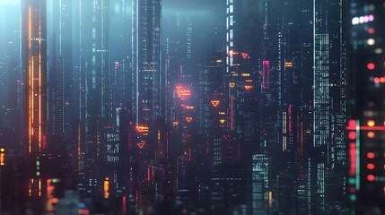 Naklejka premium Digital futuristic skyline with glowing data points, vertical lights, and neon cityscape lights image