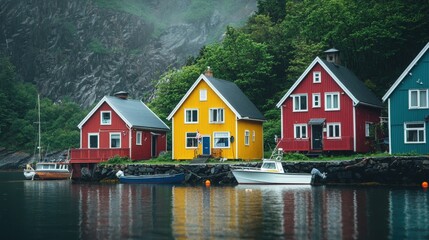 Fototapeta premium Colorful waterfront homes reflecting in calm water.