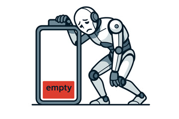 Exhausted humanoid robot or cyborg showing signs of fatigue and sadness, resting on a completely empty battery icon symbolizing low energy, burnout, or depleted power, vector.