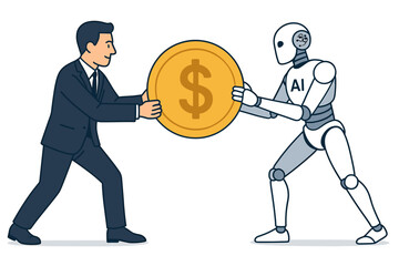 AI and human collaboration concept vector. Businessman and robot partner holding a large dollar coin, illustrating fintech, future investment, automation benefits, and business technology.