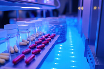 Obraz premium Pharmaceutical Production Line: Close-up of Automated Capsule Filling.