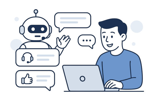 Friendly AI chatbot provides virtual customer support and assistance to a user on a laptop. Modern line art vector illustration depicting online help desk technology and communication interface.