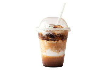 Iced coffee with straw in plastic cup isolated on transparent background