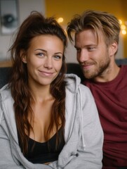 Fototapeta premium Close-up of a smiling young woman and man sitting together indoors with warm background lights