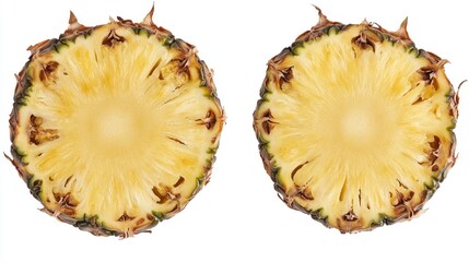 Two pineapple slices, top view.  Freshly cut, displaying the interior flesh and green husk