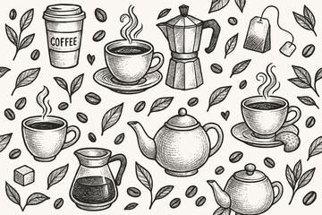 Hand-drawn coffee and tea seamless pattern vector illustration. Sketch style background with cups, teapots, beans, and leaves for cafe menu, wallpaper, or fabric design. Vintage doodle art.