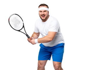 A happy, overweight man in blue shorts and a white t-shirt is playing tennis with a headband on his forehead isolated on a transparent background