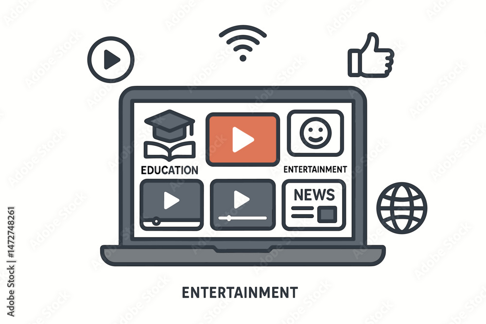Poster vector illustration of a laptop showing a streaming media platform ui with various content options i