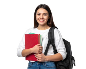 A young, smiling female student with a backpack and books isolated on a transparent background