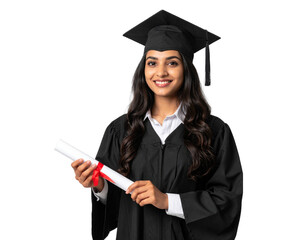An Indian woman in a graduation gown holding a diploma isolated on a transparent background