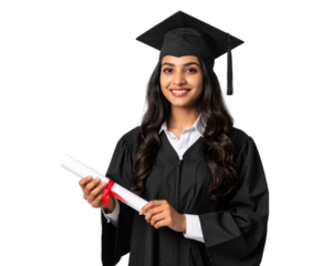 An Indian woman in a graduation gown holding a diploma isolated on a transparent background