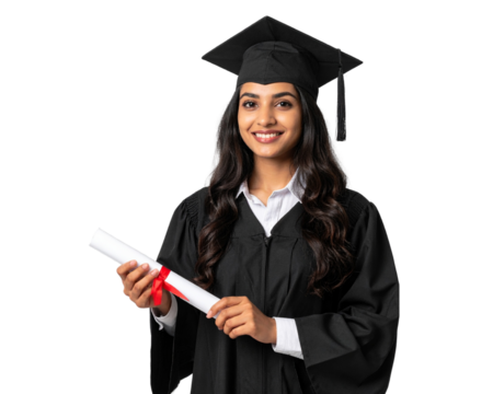 An Indian woman in a graduation gown holding a diploma isolated on a transparent background