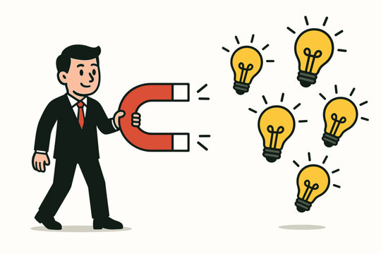 Businessman using a large magnet to attract bright glowing lightbulb ideas. Conceptual vector illustration representing innovation, creativity, and attracting talent for business success.