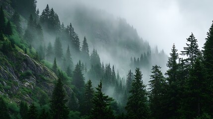 Misty Mountain Forest Landscape with Dark Green Trees .
