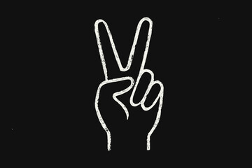 Minimalist chalk drawing of a hand showing the peace or victory sign on a textured blackboard background. Simple white outline sketch representing harmony, success, and non-violence.