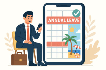 Employee scheduling annual vacation leave with smartphone application, businessman planning time off using mobile calendar, approved holiday booking vector illustration for HR systems.