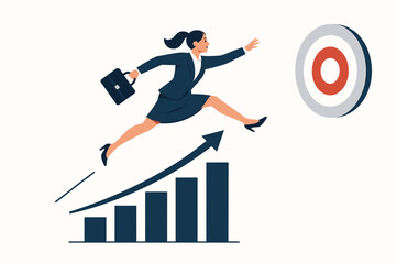 Determined Businesswoman with Briefcase Jumps Over Rising Bar Graph Arrow Reaching for Business Target Goal, Symbolizing Success and Career Growth Vector Art.