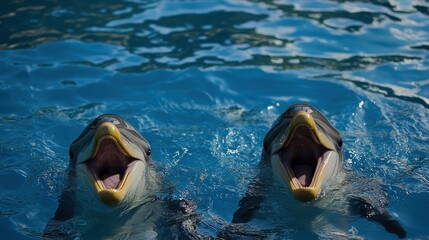 Two playful dolphins in a pool with mouths open